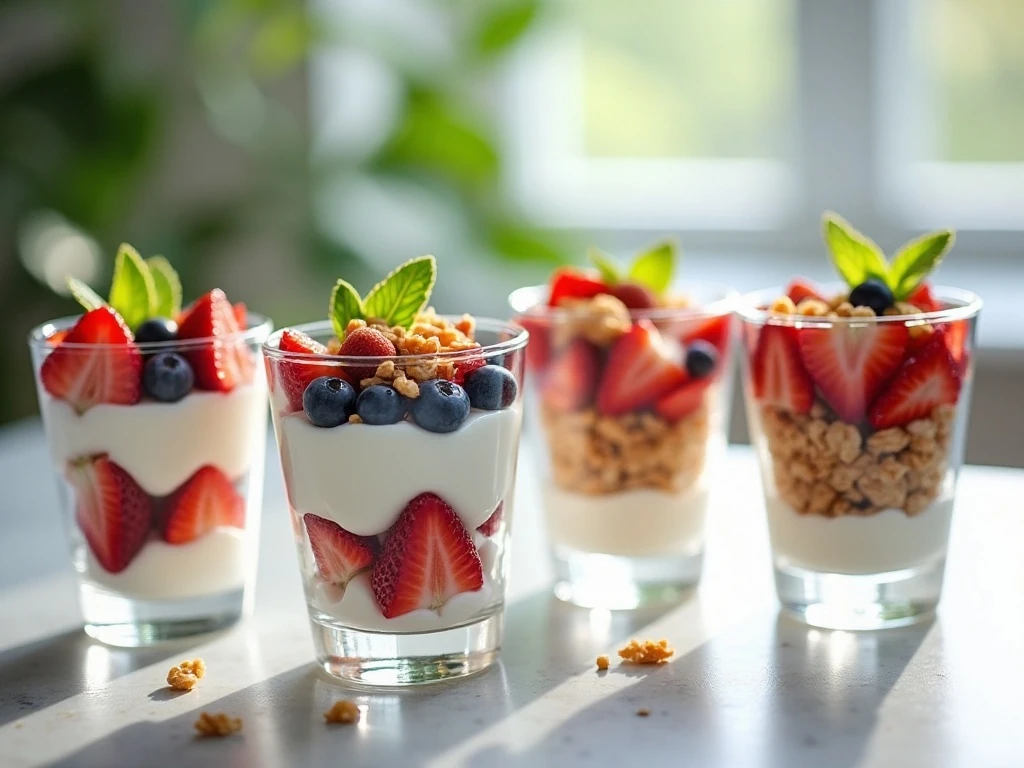 Four colorful Greek yogurt fruit parfaits with berries, diced fruit, and granola