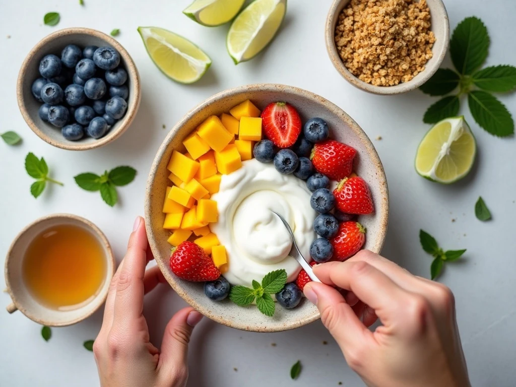 Ingredients for a refreshing fruit parfait arranged in bowls