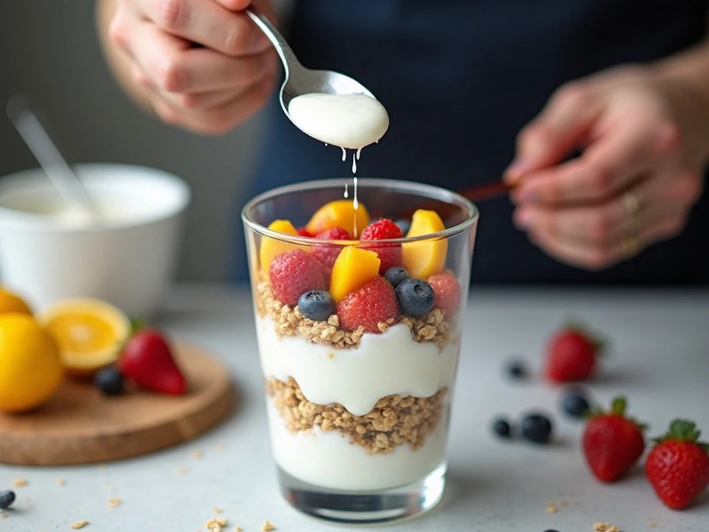Layering Greek yogurt, fruit, and granola in a parfait glass