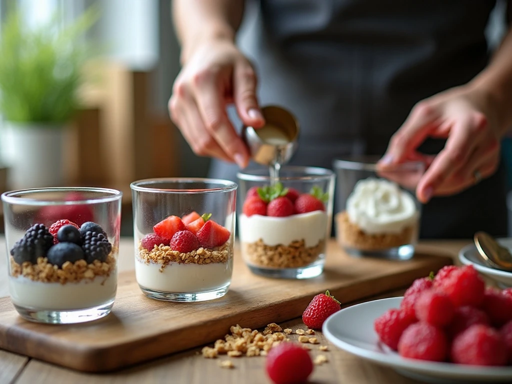 Prepared dry fruit and separate granola for crisp parfait layers