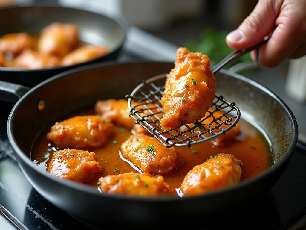 Chicken wings frying before being tossed in Vietnamese glaze