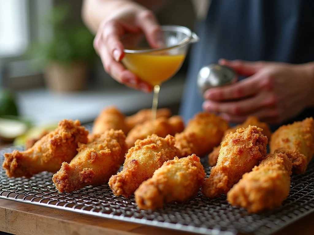 Crispy fried wings draining on a wire rack