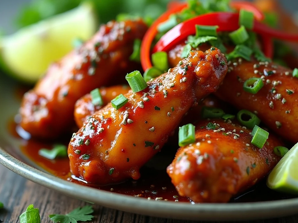 Garnished Vietnamese chicken wings with lime and cilantro