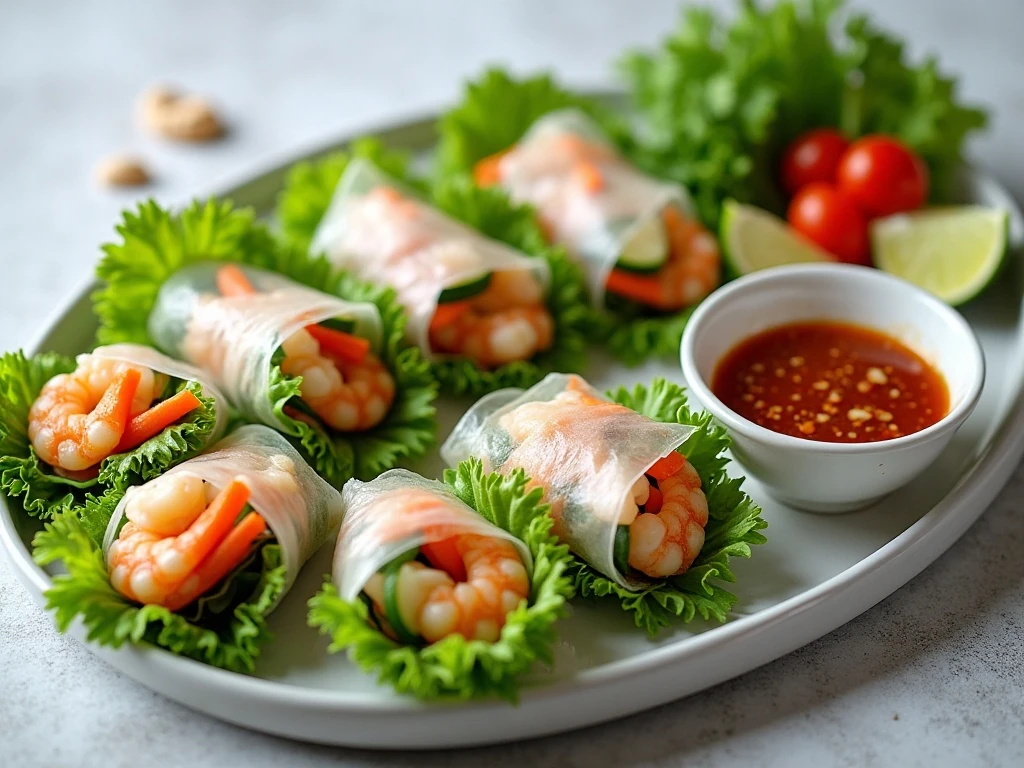 Eight colorful Vietnamese shrimp summer rolls served with hoisin-peanut dipping sauce