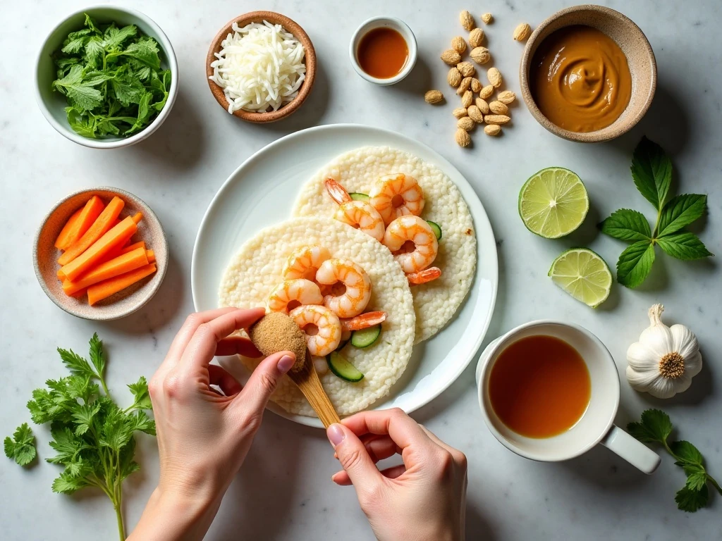 Ingredients for fresh Vietnamese shrimp summer rolls and peanut dipping sauce