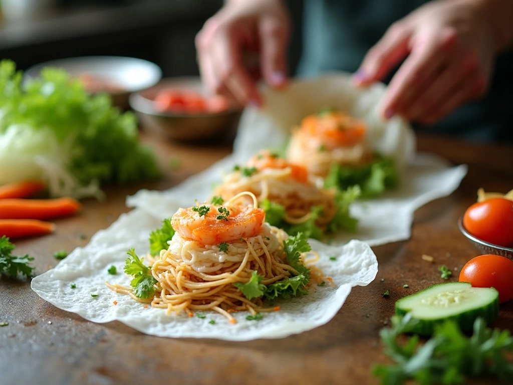 Assembling shrimp, noodles, vegetables, and herbs in a rice-paper summer roll