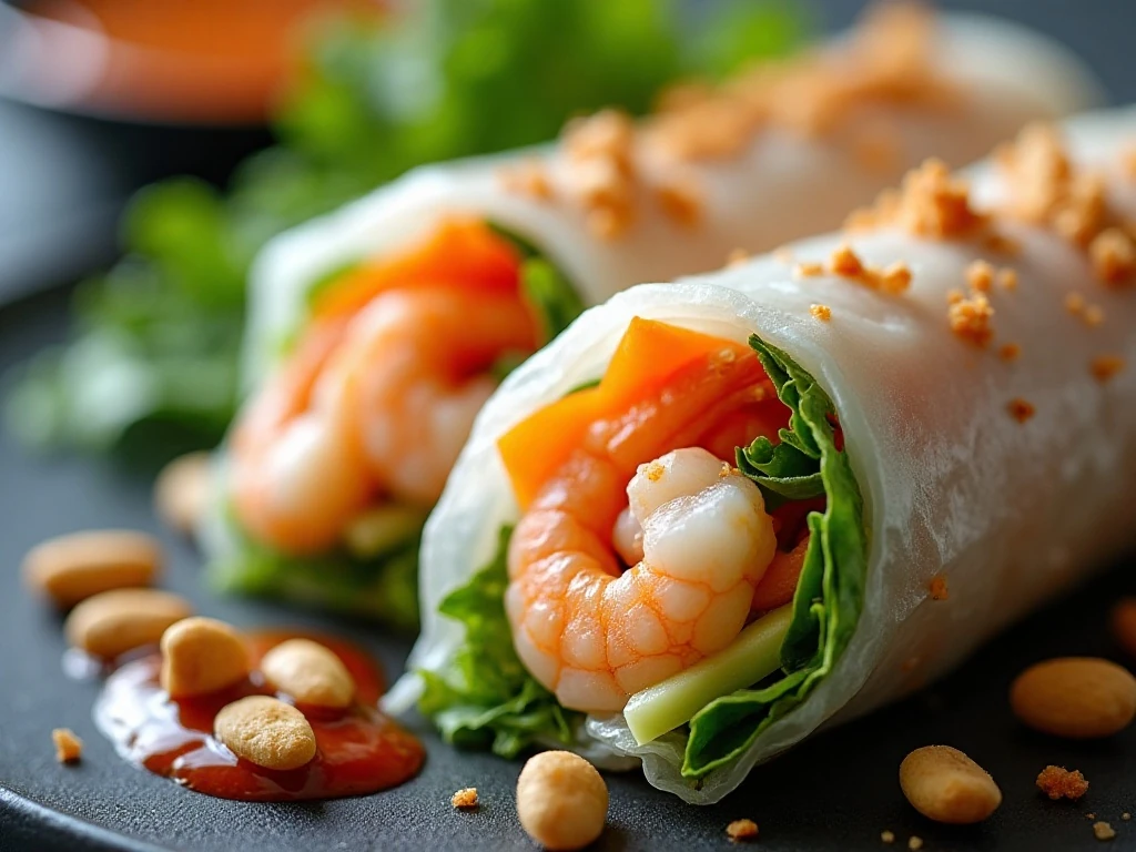 Cut Vietnamese shrimp summer roll with peanut dipping sauce and roasted peanuts