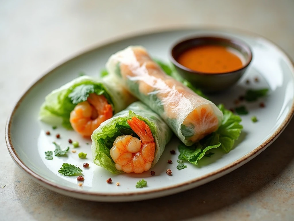 Fresh Vietnamese shrimp summer rolls ready to serve