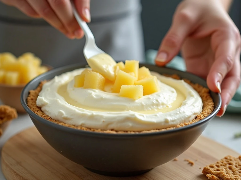 Folding pineapple and whipped topping into cream cheese filling