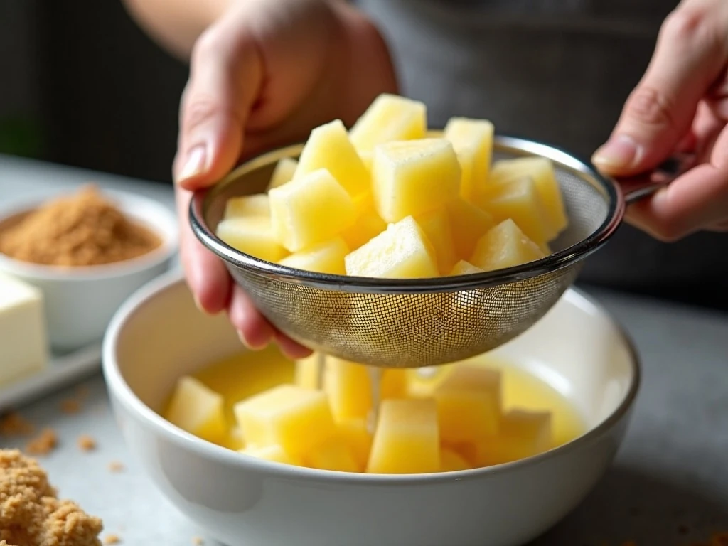 Draining crushed pineapple for a firm dessert filling