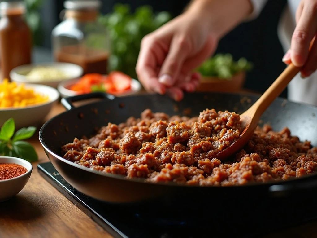 Seasoned ground beef simmering for walking tacos