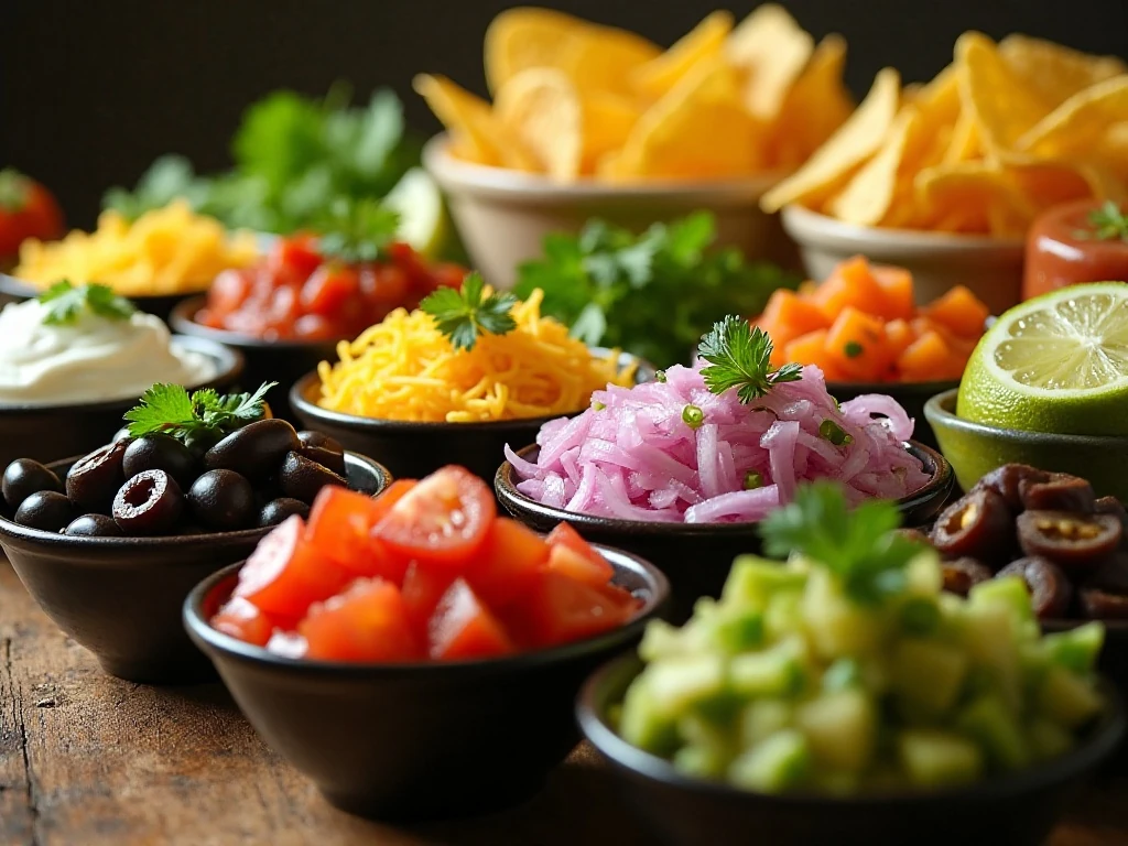 Organized walking taco topping bar with labeled bowls