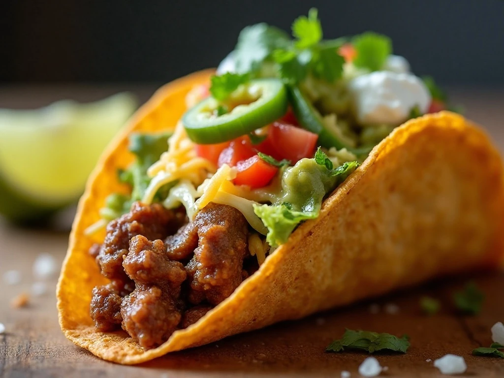 Fully assembled walking taco with beef and fresh toppings