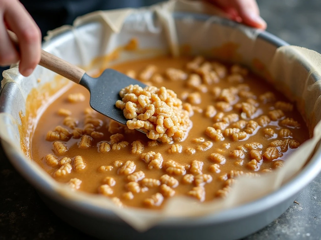 Cereal and walnuts being folded into peanut-butter mixture