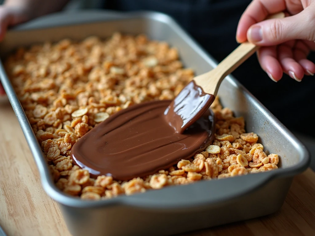 Chocolate-butterscotch topping spread over walnut cereal bars