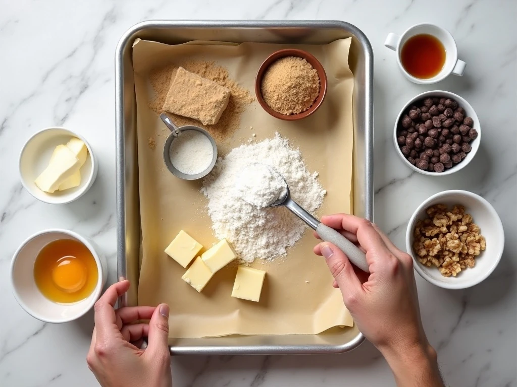 Ingredients for walnut toffee bars arranged beside a parchment-lined baking pan