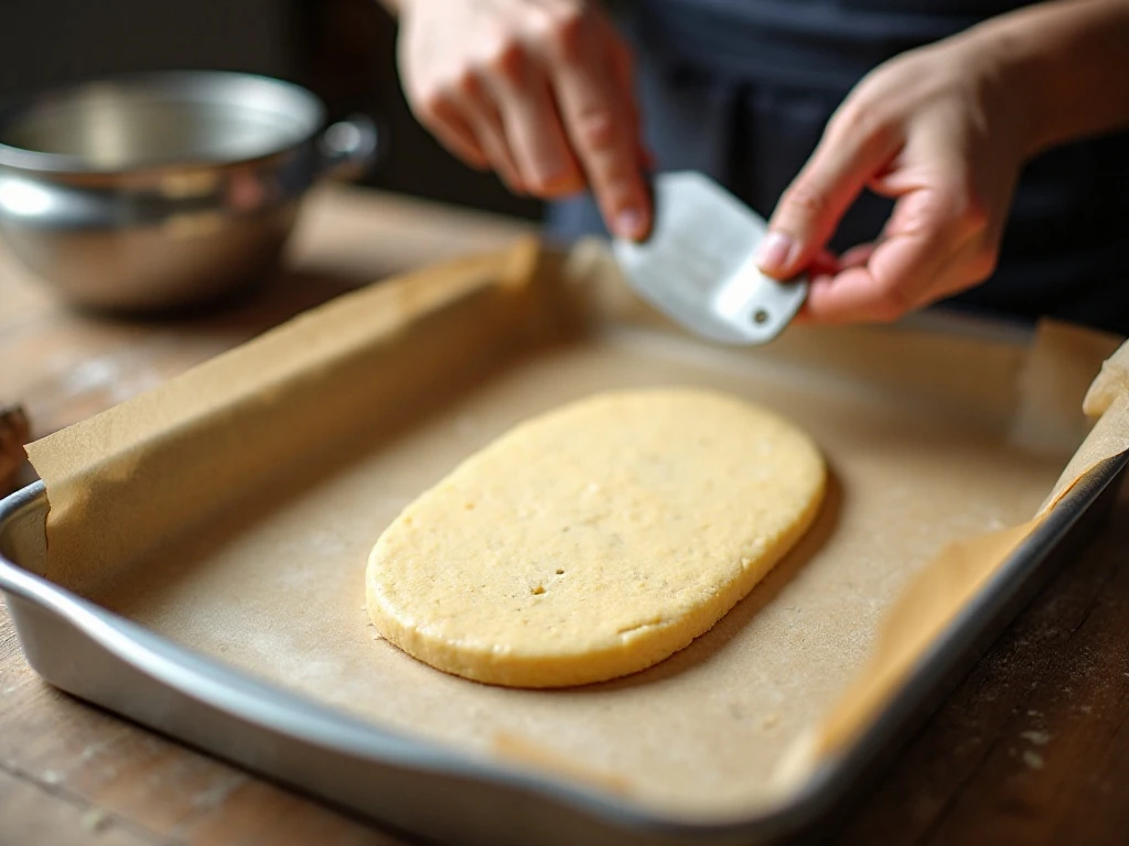 Shortbread dough being pressed into a baking pan for walnut toffee bars