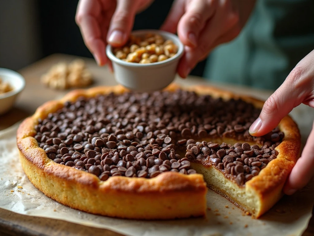 Chocolate chips melting over the hot baked crust before walnuts are added