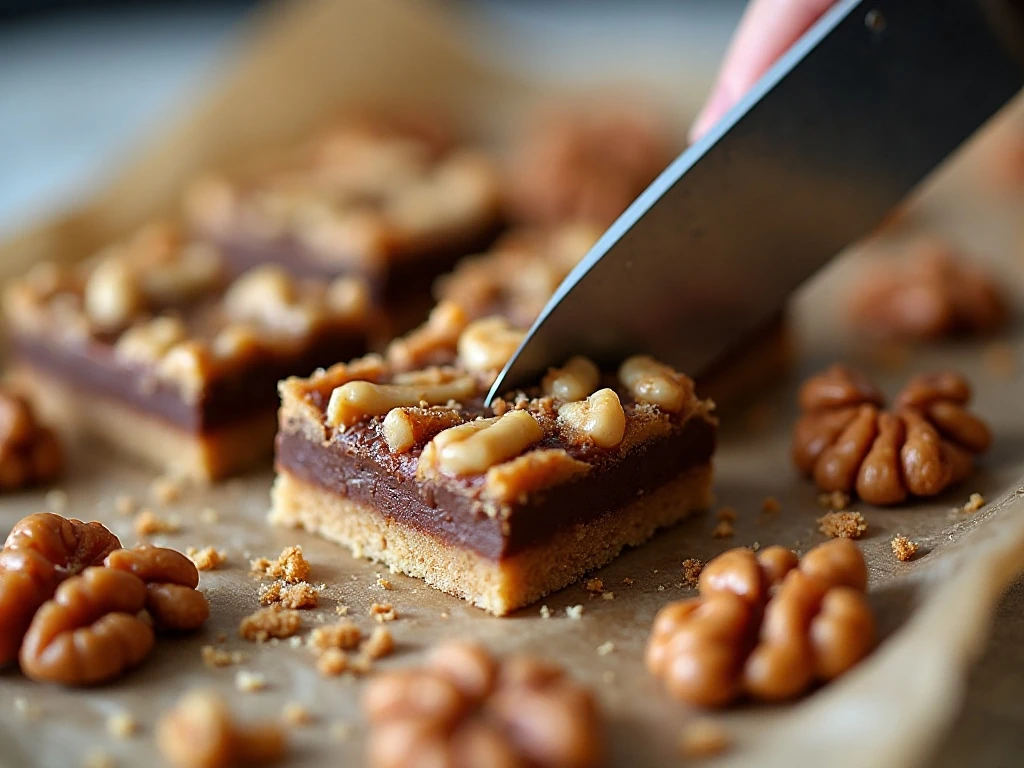 Close-up of walnut toffee bars being cut into neat squares