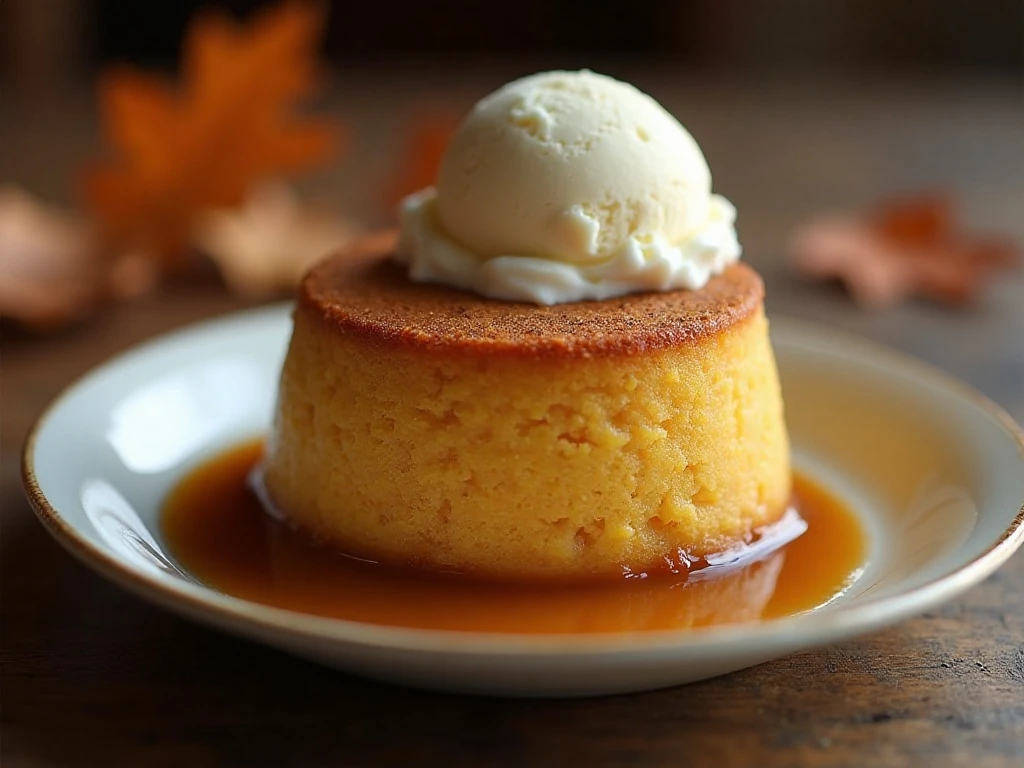 Warm pumpkin pudding cake served with vanilla ice cream and brown sugar sauce