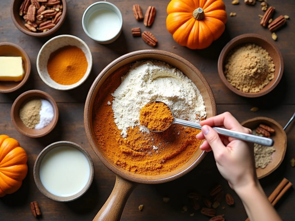 Ingredients for warm pumpkin pudding cake arranged on a kitchen counter