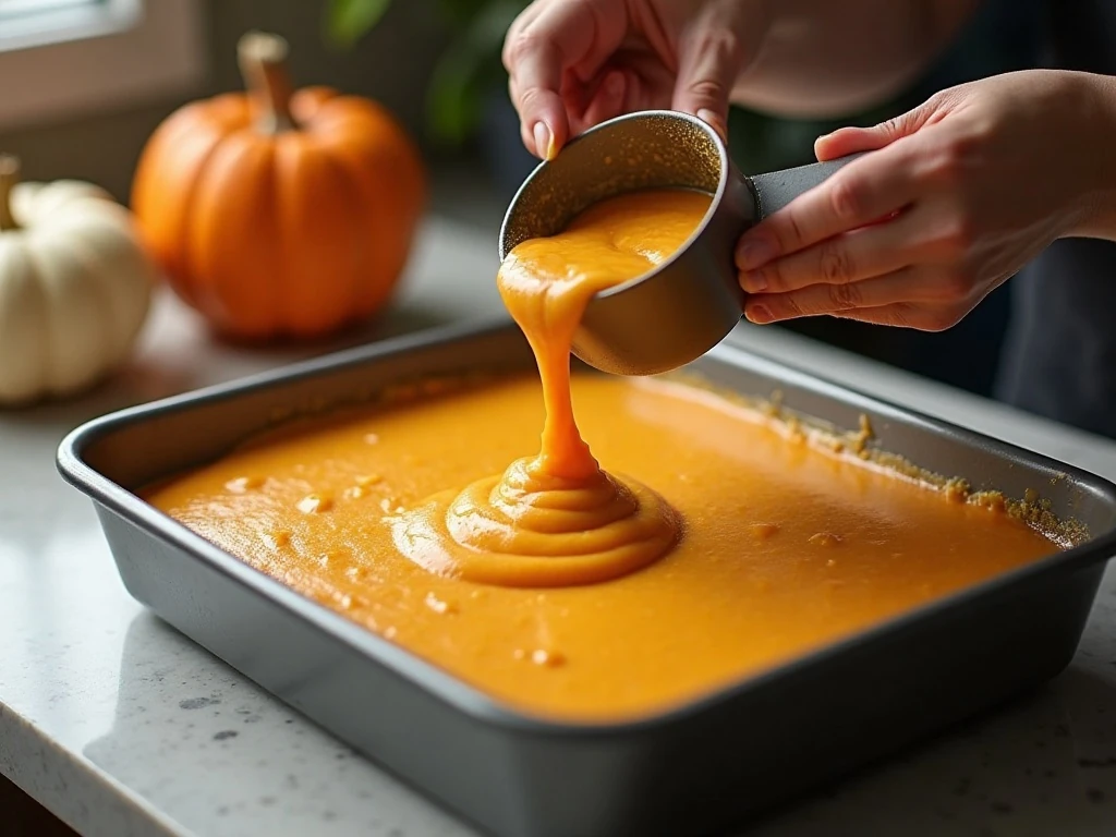 Thick pumpkin batter being spread in a baking dish for pudding cake