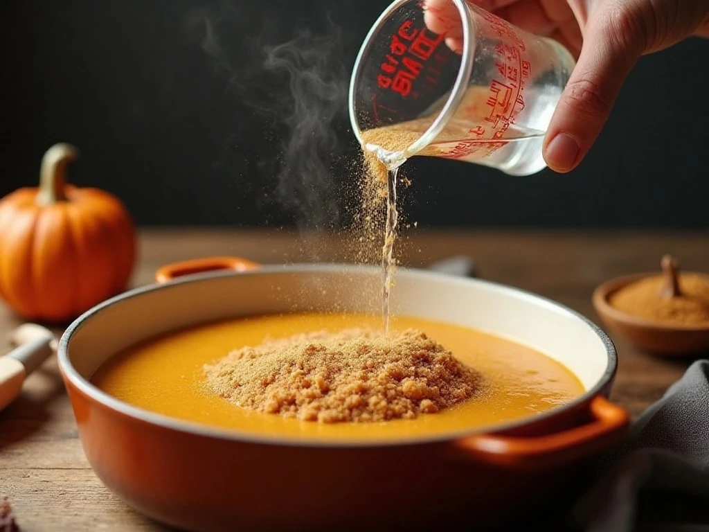 Hot water poured over brown sugar-topped pumpkin cake batter