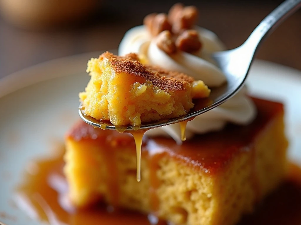 Spoonful of pumpkin pudding cake with syrup, ice cream, and cinnamon