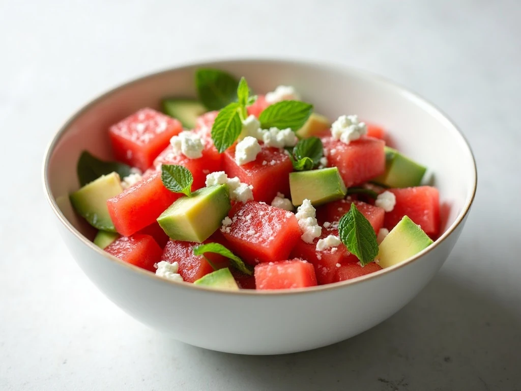 Watermelon avocado salad with feta and mint served in a white bowl