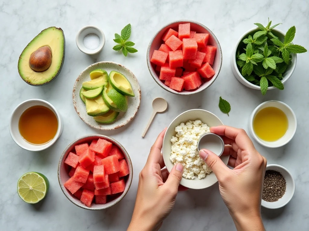 Ingredients for watermelon avocado salad with feta and mint