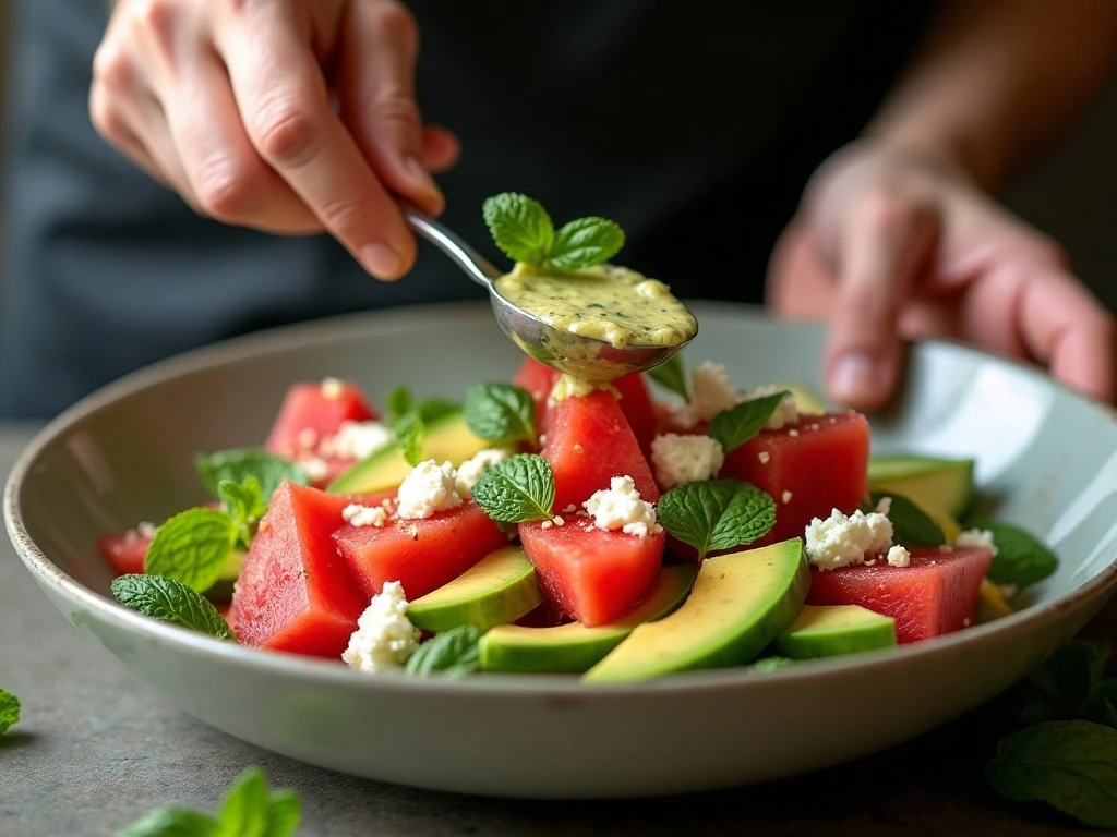 Gently tossing watermelon avocado salad ingredients with lime dressing