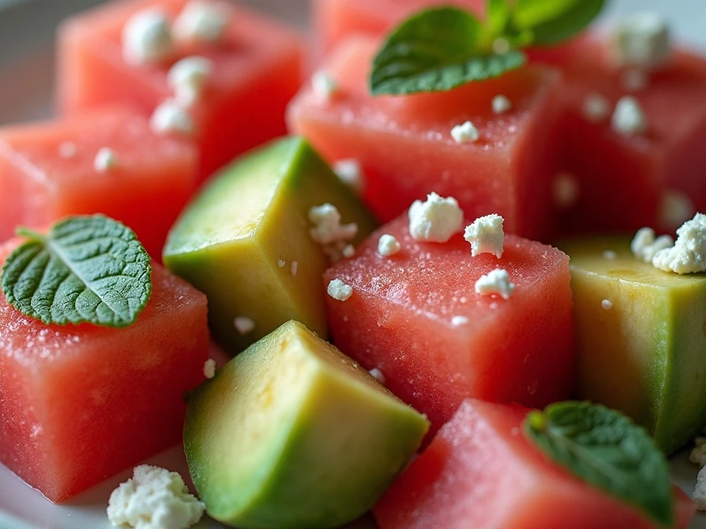 Close-up of avocado, watermelon, feta, mint, and lime dressing