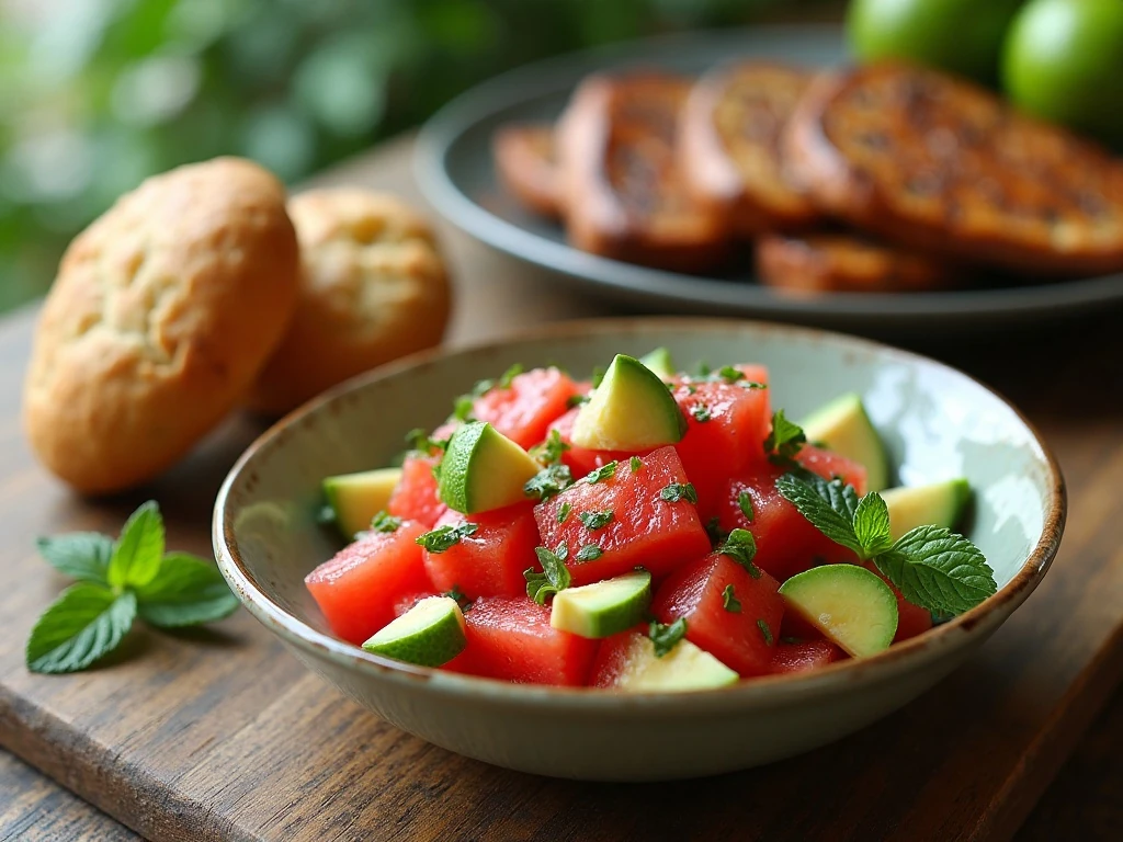 Watermelon avocado feta salad served as a summer side dish