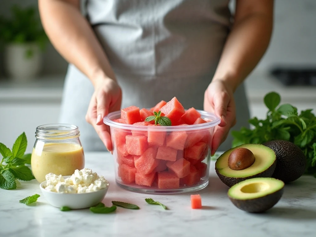 Make-ahead ingredients for watermelon avocado salad