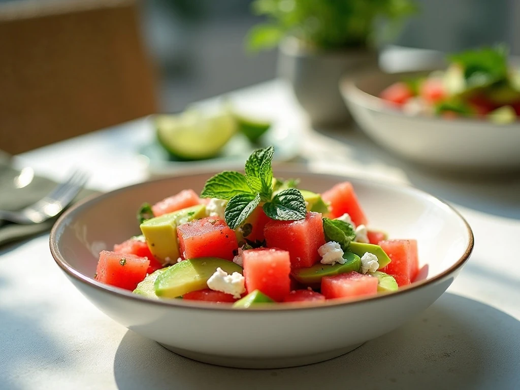Watermelon avocado salad with feta and fresh mint served as a colorful summer side dish