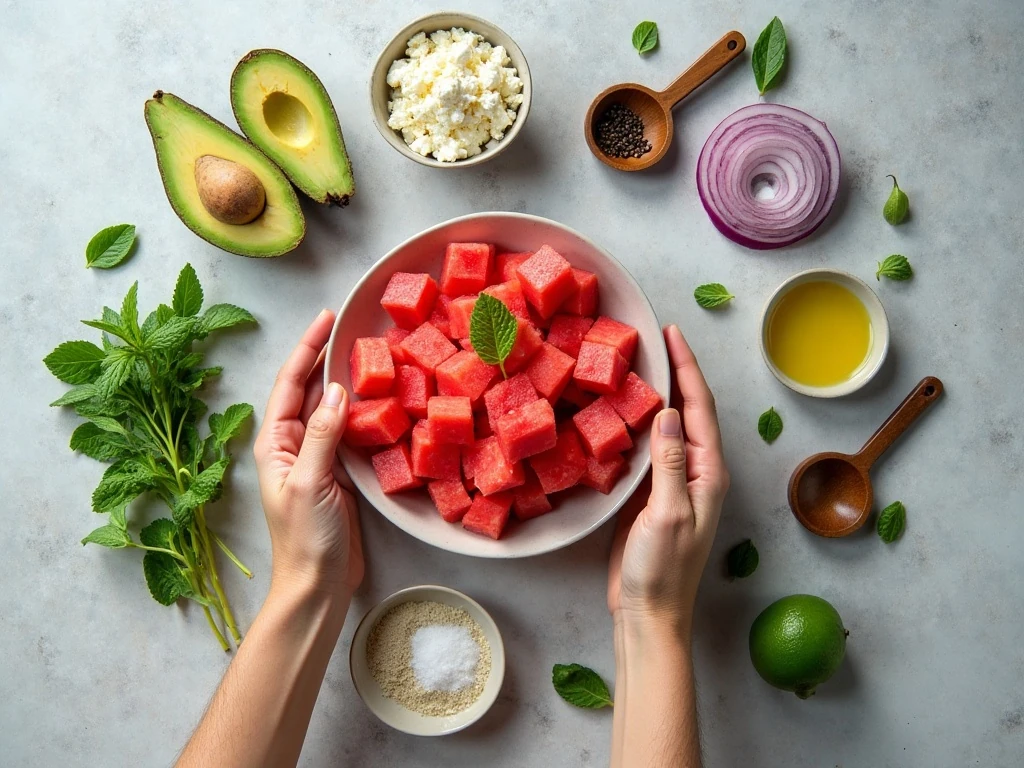 Ingredients for watermelon avocado salad with feta, lime, and fresh mint