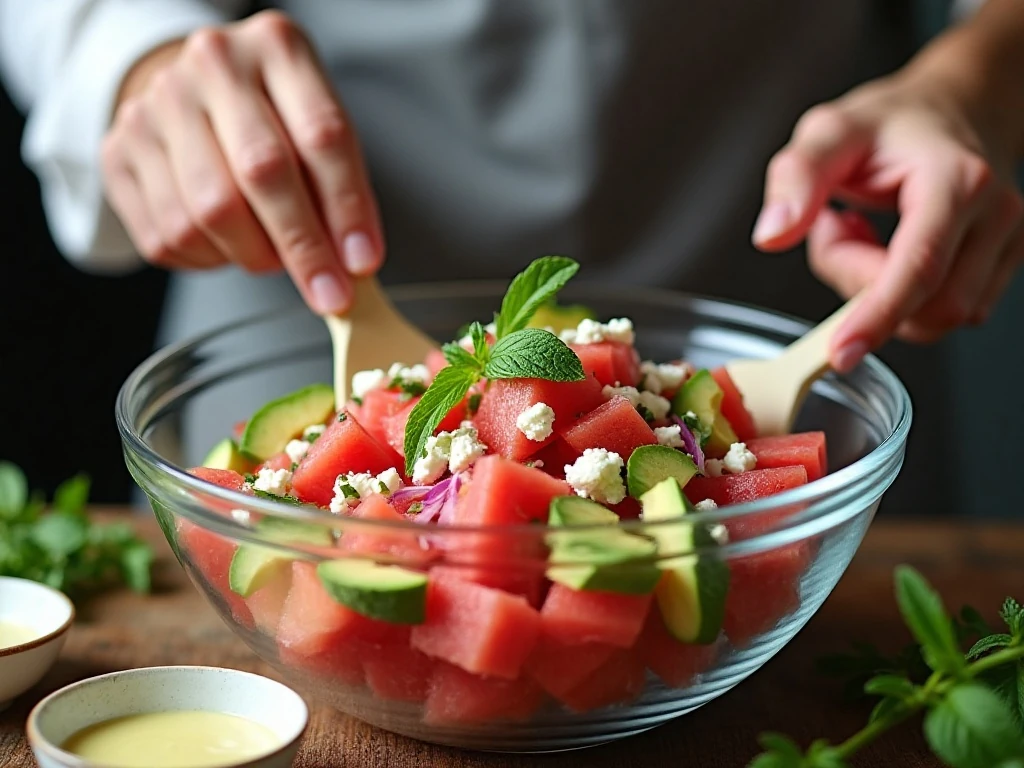 Gently folding the ingredients together for watermelon avocado salad