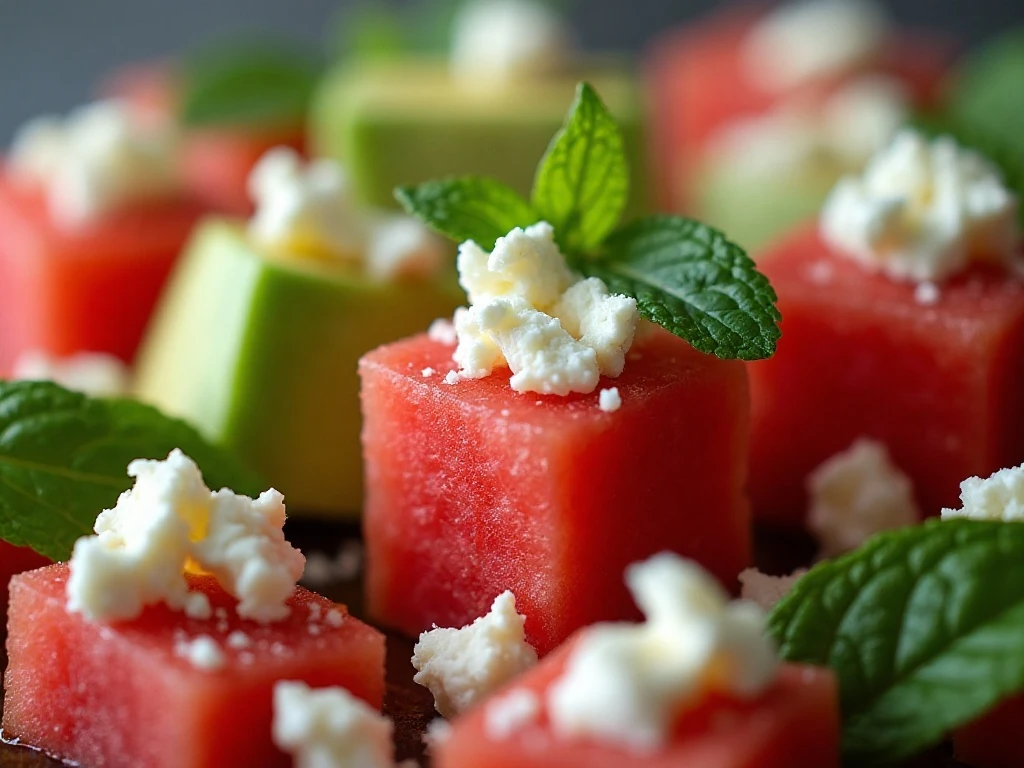 Close-up of fresh avocado, watermelon, feta, and mint in the salad