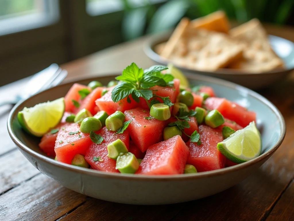 Watermelon avocado salad served beside grilled salmon and pita
