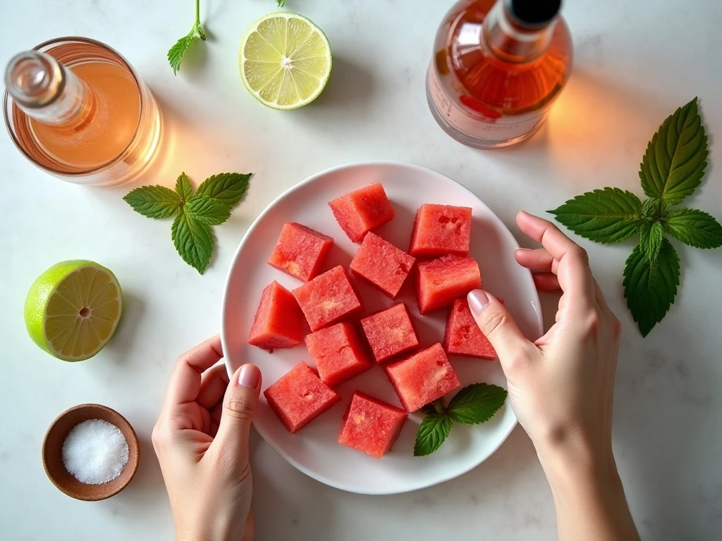Ingredients for watermelon frosé with rosé, watermelon, lime, and mint