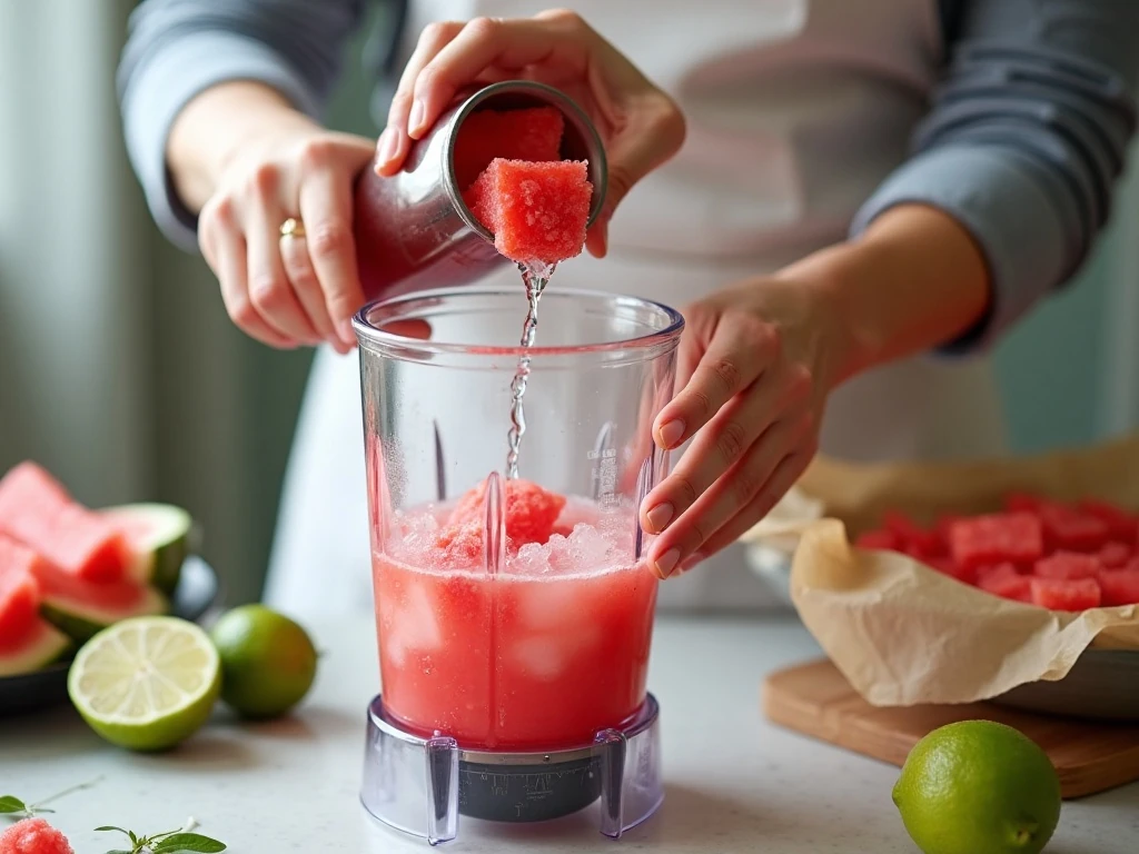 Blending frozen watermelon and rosé for homemade frosé
