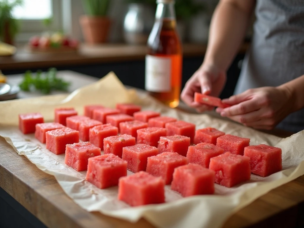 Watermelon cubes freezing in a single layer for frosé