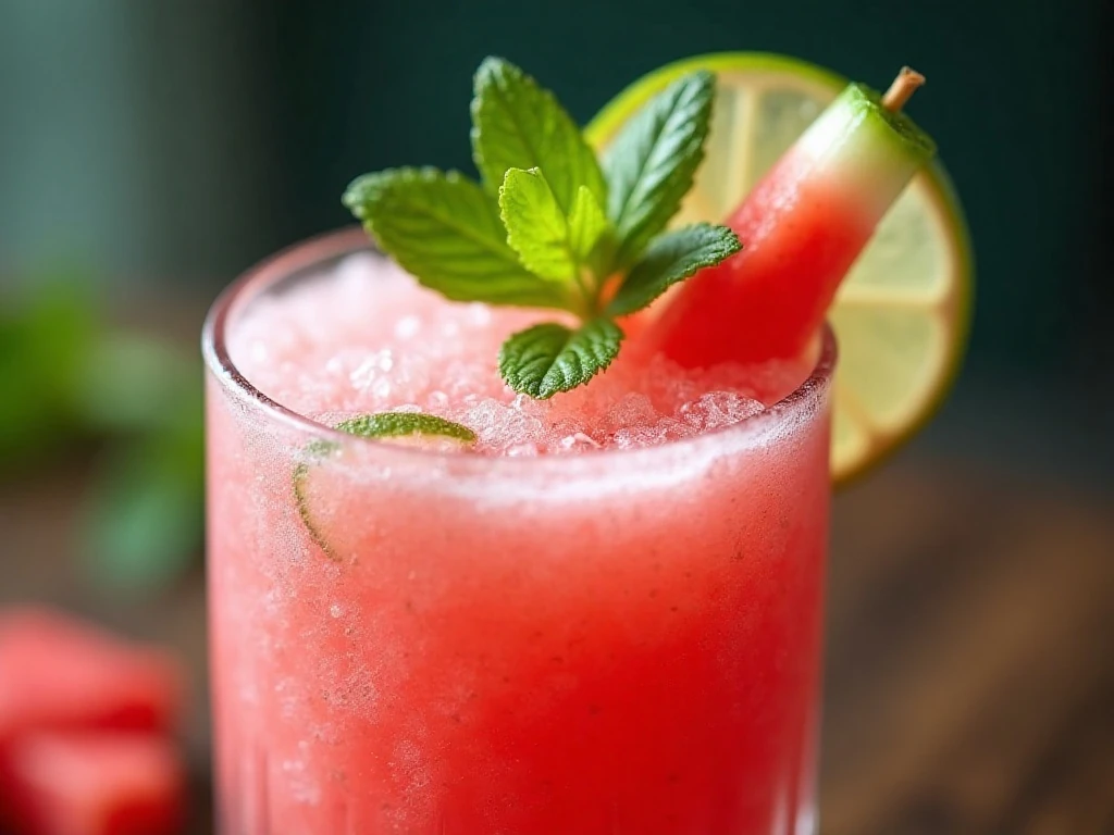 Close-up watermelon frosé garnished with lime and fresh mint