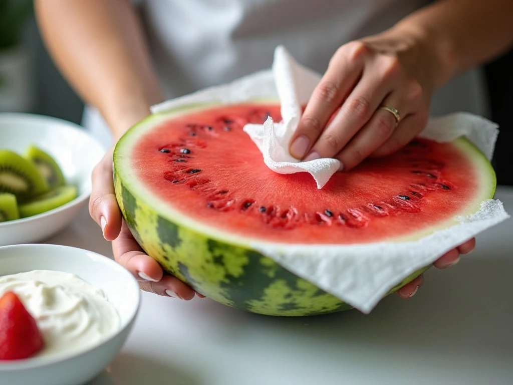 Preparing a watermelon slice and Greek yogurt topping for fruit pizza