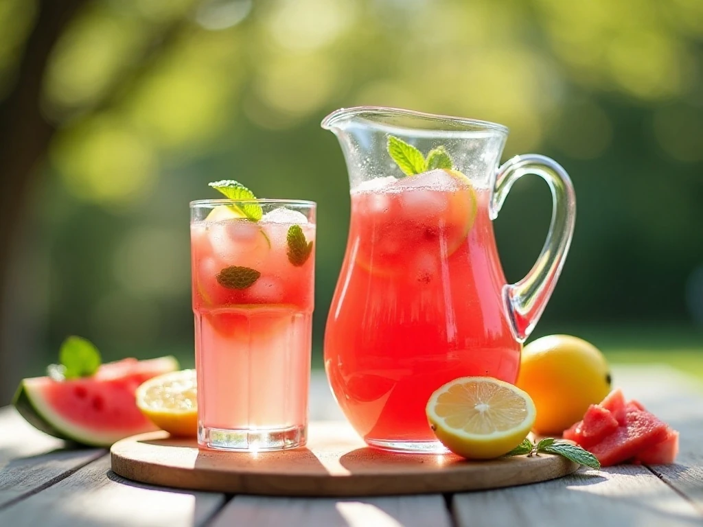 Pitcher and glasses of refreshing watermelon lemonade with watermelon, lemon, and mint