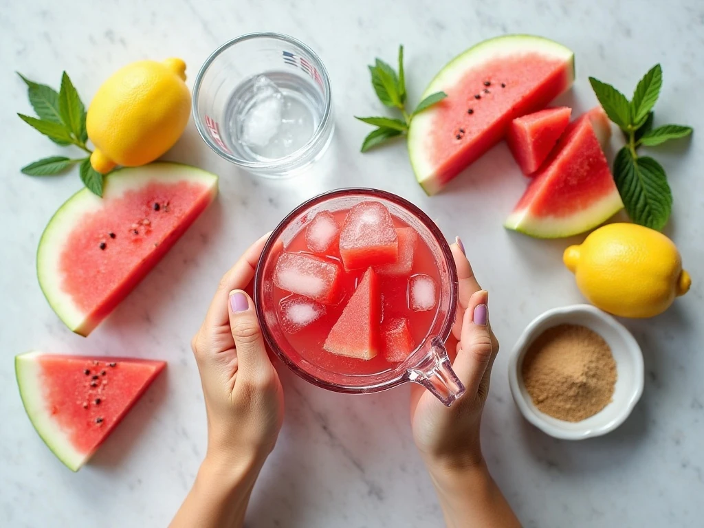 Ingredients for homemade watermelon lemonade arranged on a kitchen counter