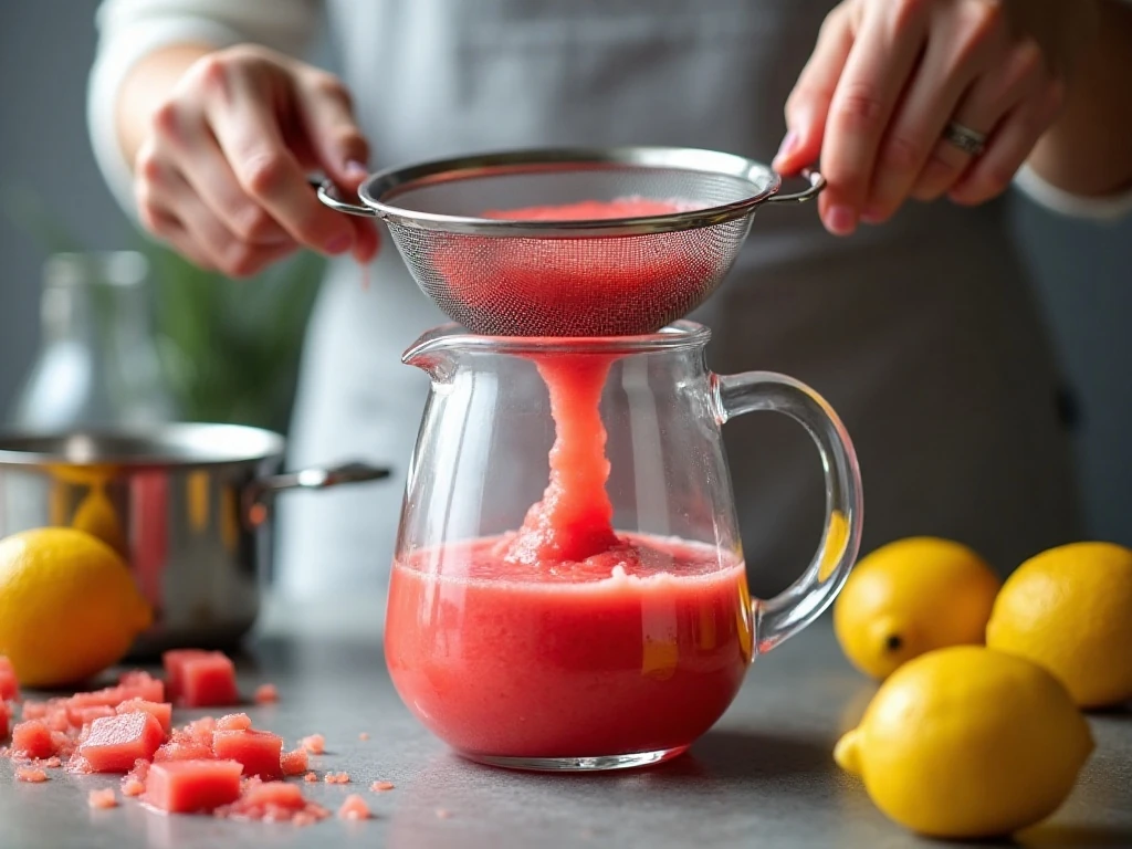 Straining blended watermelon for homemade lemonade