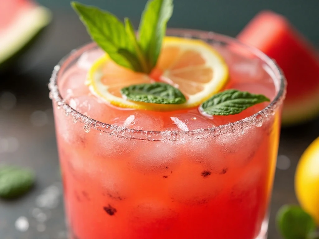 Watermelon lemonade garnished with a lemon slice and fresh mint