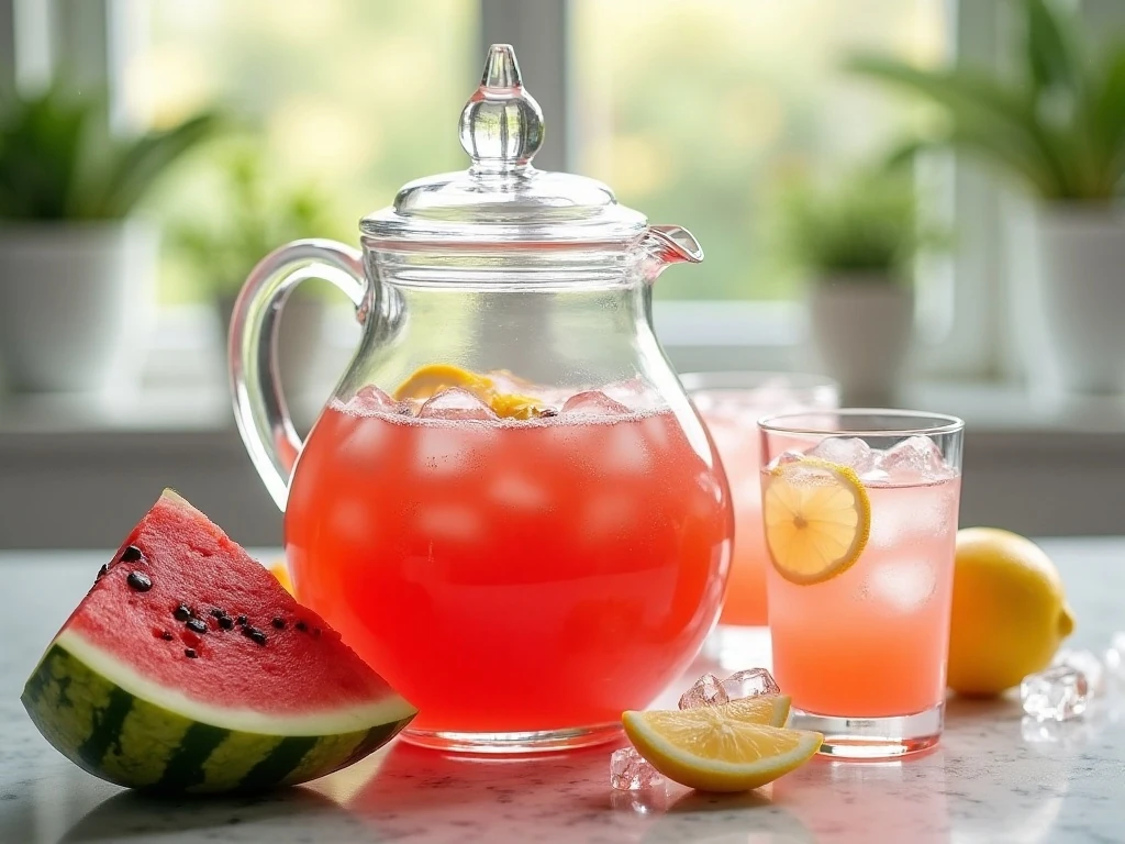Chilled watermelon lemonade pitcher ready to serve