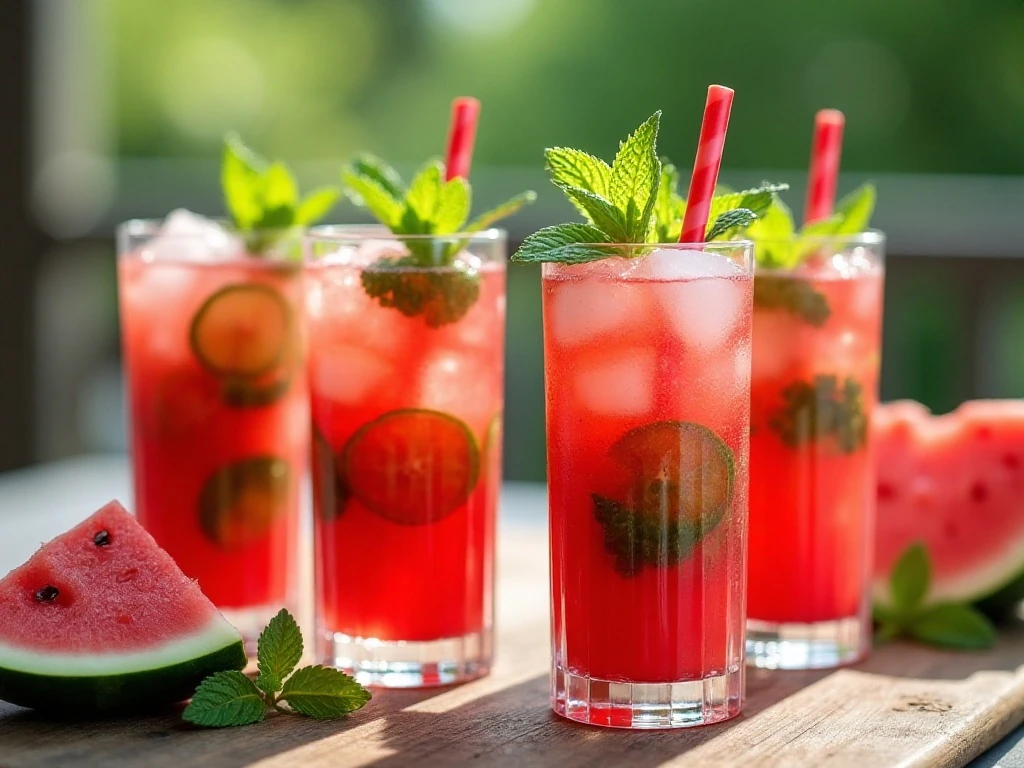 Four refreshing watermelon mojitos with lime and mint